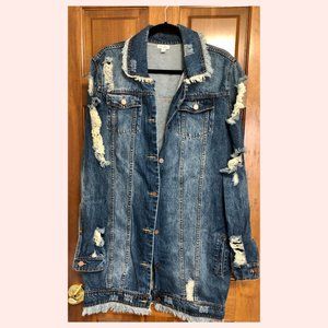 Long denim jacket distressed and ripped
